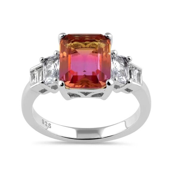 Sterling Silver Unique Padparadscha Sapphire Emerald CZ Ring - Picture 2 of 8